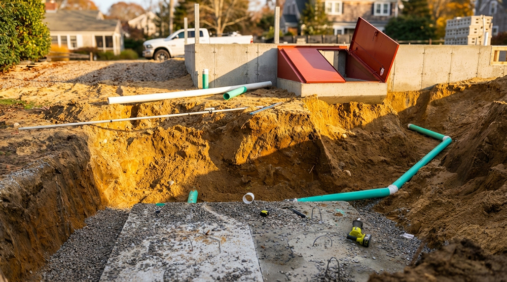 Septic system installation with foundation excavation