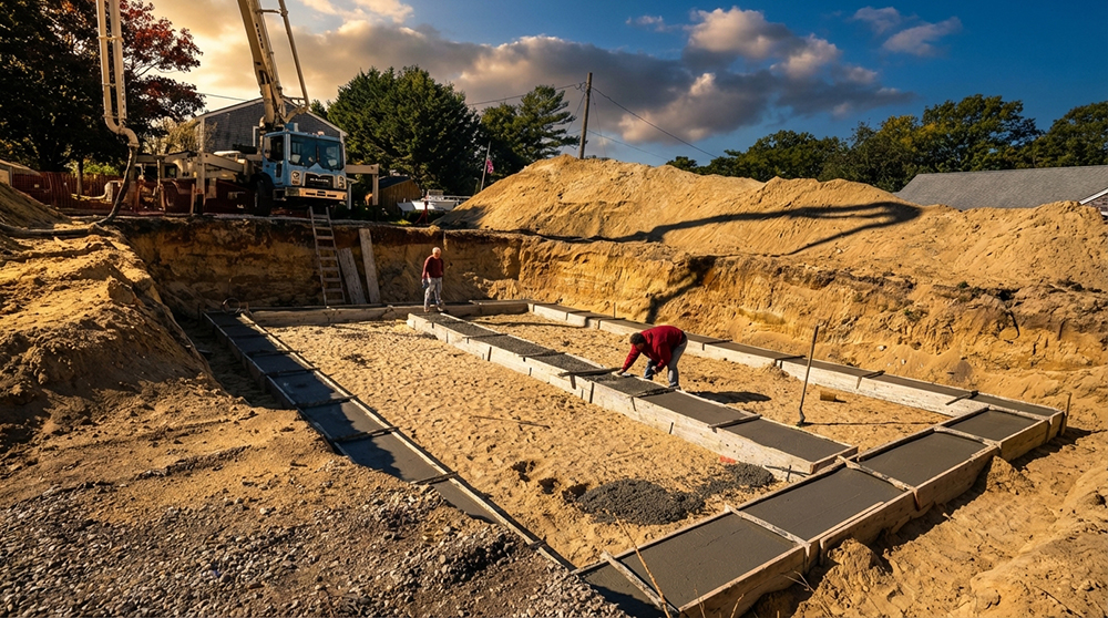 Excavator digging foundation on a job site