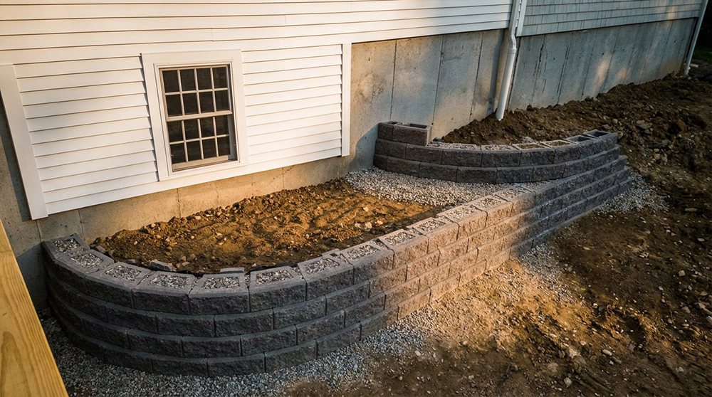 Retaining wall construction with finish grading