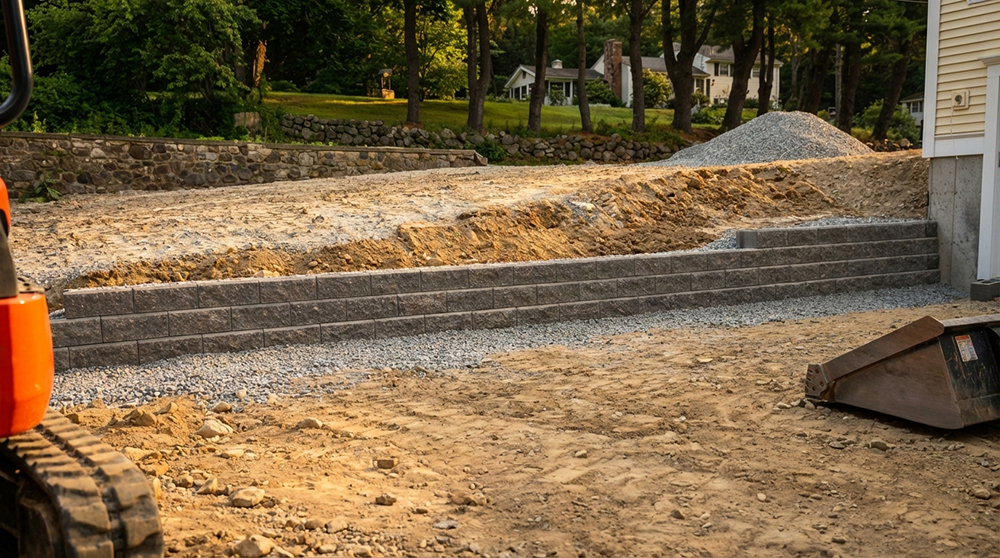 Site grading and retaining wall installation